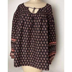 Old Navy Long Sleeve Smocked Printed Poet Blouse 3X Brown Boho Floral Peasant
